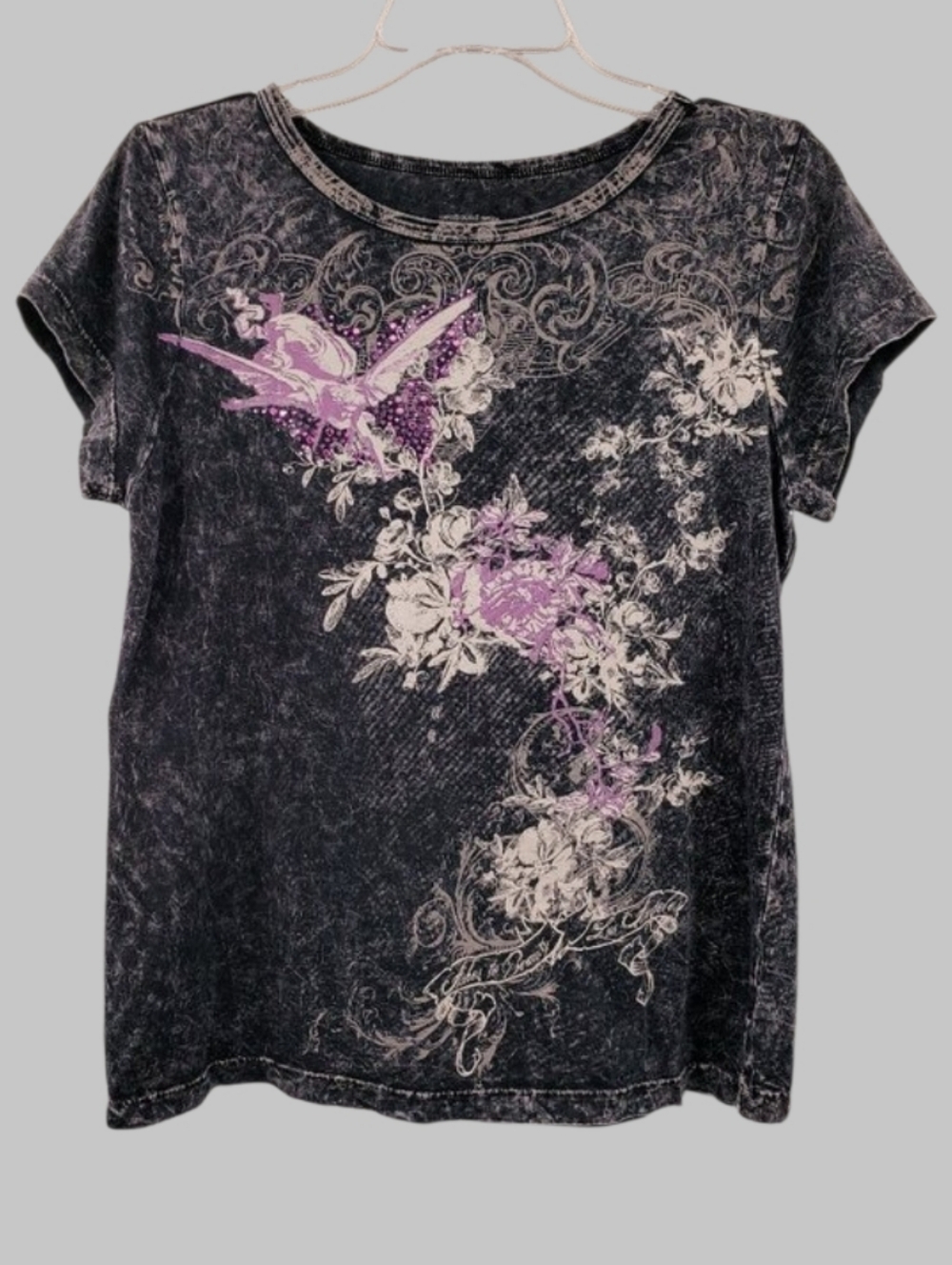 Vintage Y2K Fairy Graphic Baby Tee Top Size PS Floral Scroll Print Mineral Wash